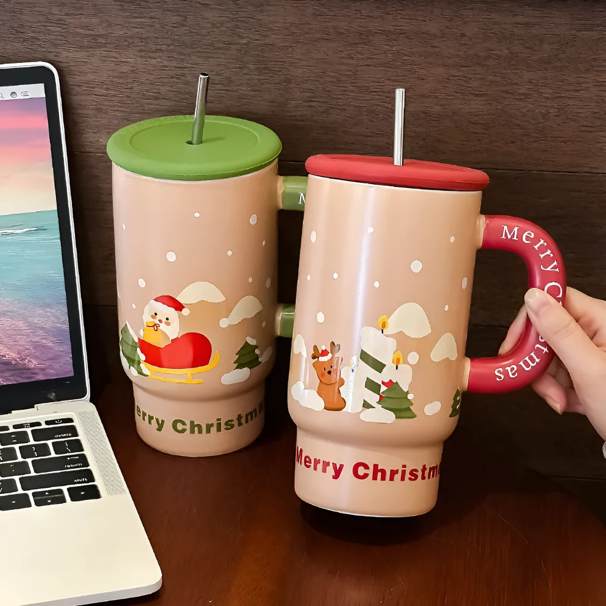 800ml white porcelain Christmas ceramic mug with cartoon pattern, cylindrical single-layer shape, microwave safe