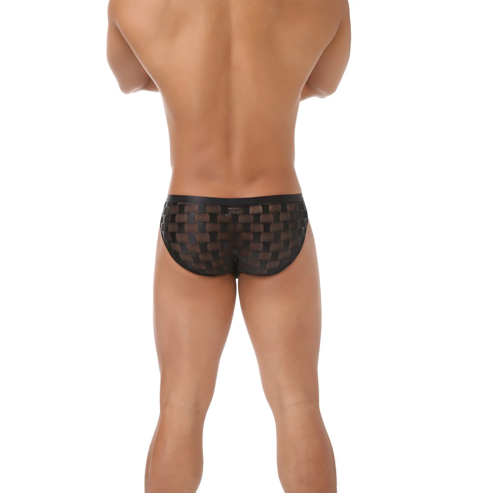 Men's black and white plaid mesh briefs with a U-convex design on a size chart.