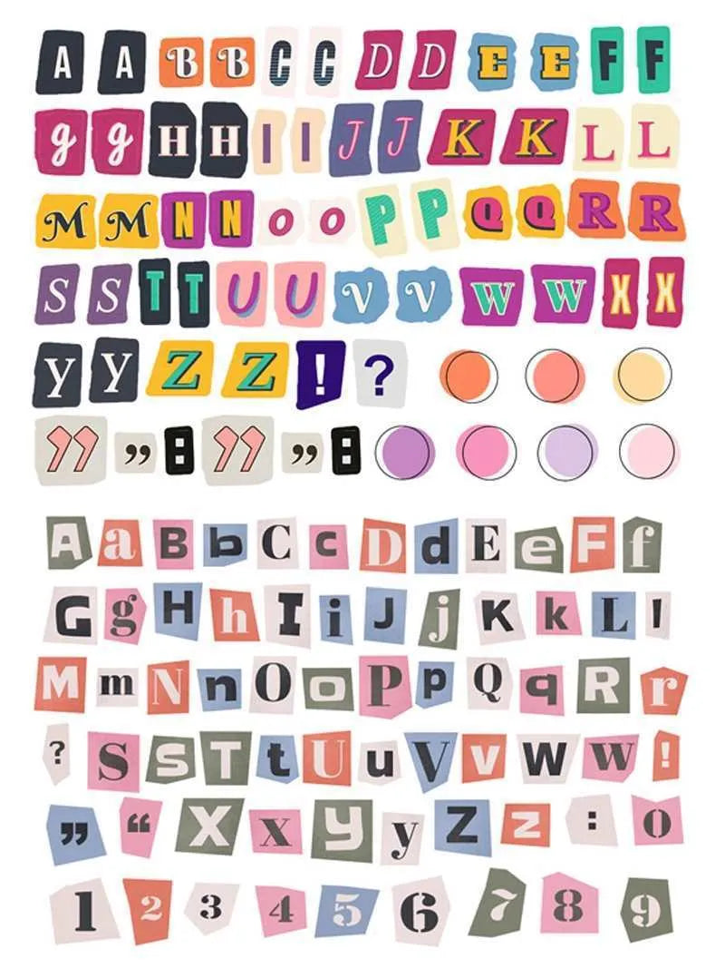 English letters and numbers symbol label decoration stickers in cute style with weekly words
