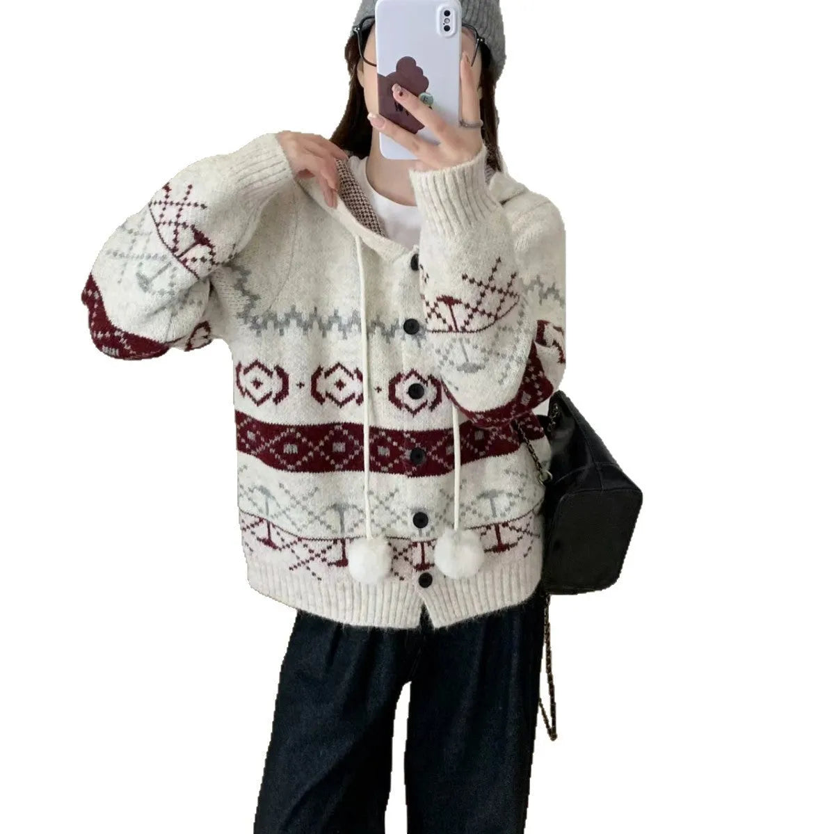Beige geometric pattern brocade sweater coat for women, loose fit with long sleeves.