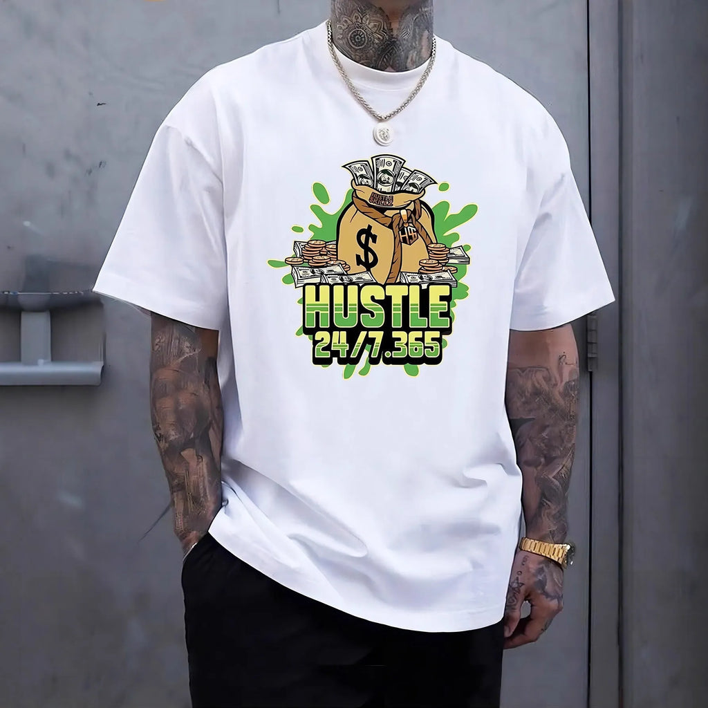 Men's printed loose fit short sleeve polyester T-shirt in black, white, and navy blue