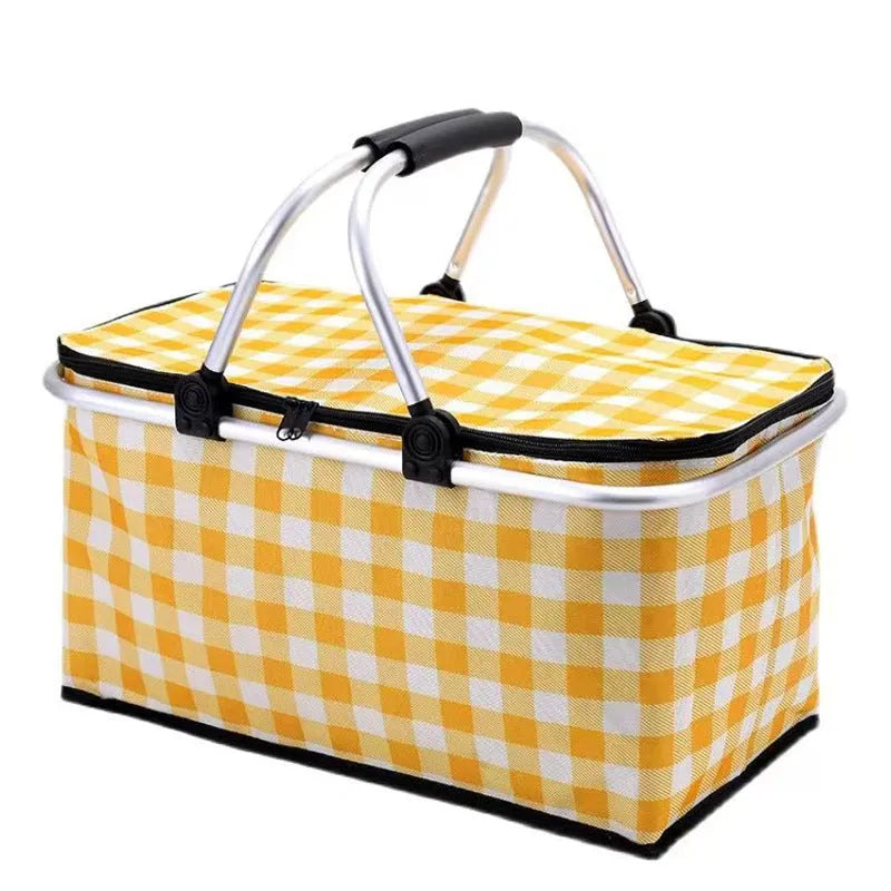 Foldable insulated picnic basket made from Oxford cloth in blue maple leaf colour for outdoor use