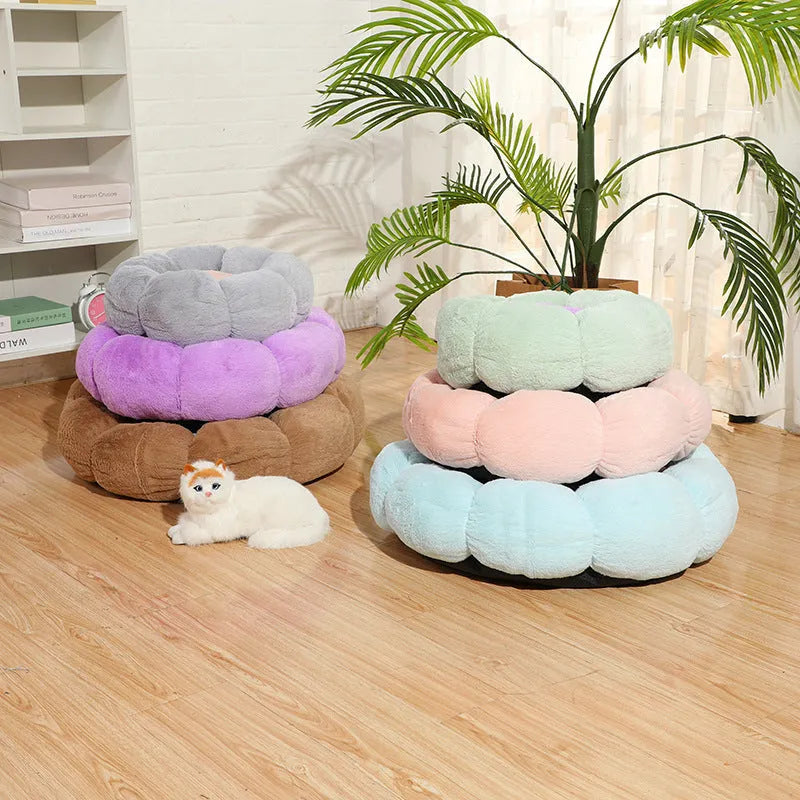 Round cloth pet nest with velvet thickening, 40cm 50cm 60cm, grey blue pink beige, 14cm height