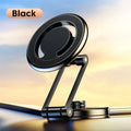 Telescopic folding magnetic car phone holder in black or silver mounted on a vehicle dashboard.