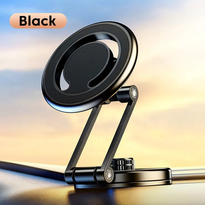 Telescopic folding magnetic car phone holder in black or silver mounted on a vehicle dashboard.