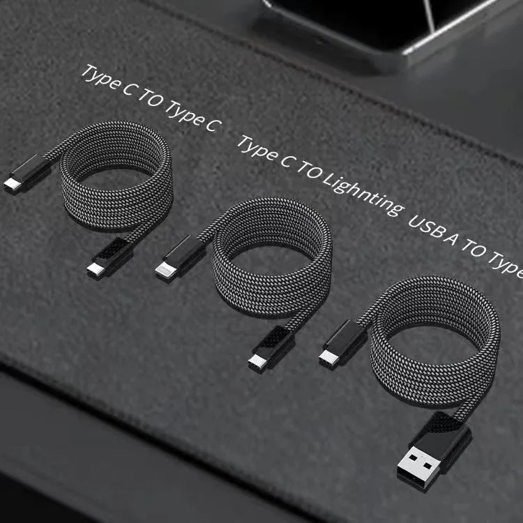 Magnetic storage woven data cable with PD fast charging, Lightning and Type-C connectors, 1 metre, black