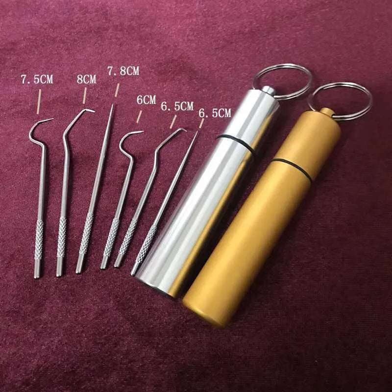 304 stainless steel toothpick set 7 pieces short and long teeth cleaning tool with dental floss stick in white cylinder