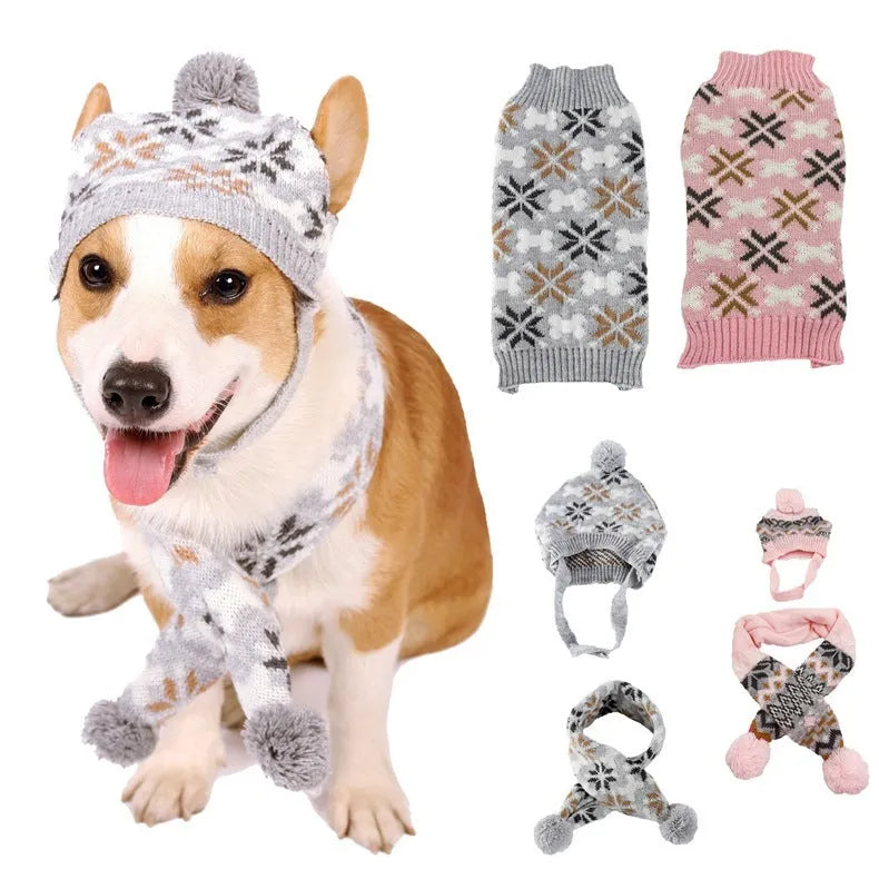 Japanese-style retro jacquard pet clothes set with sweater, scarf, and hat in grey or pink