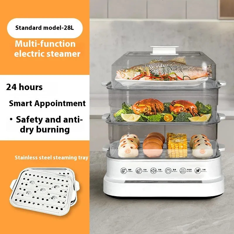Stainless steel electric food steamer with digital display and steaming rack on a kitchen counter.