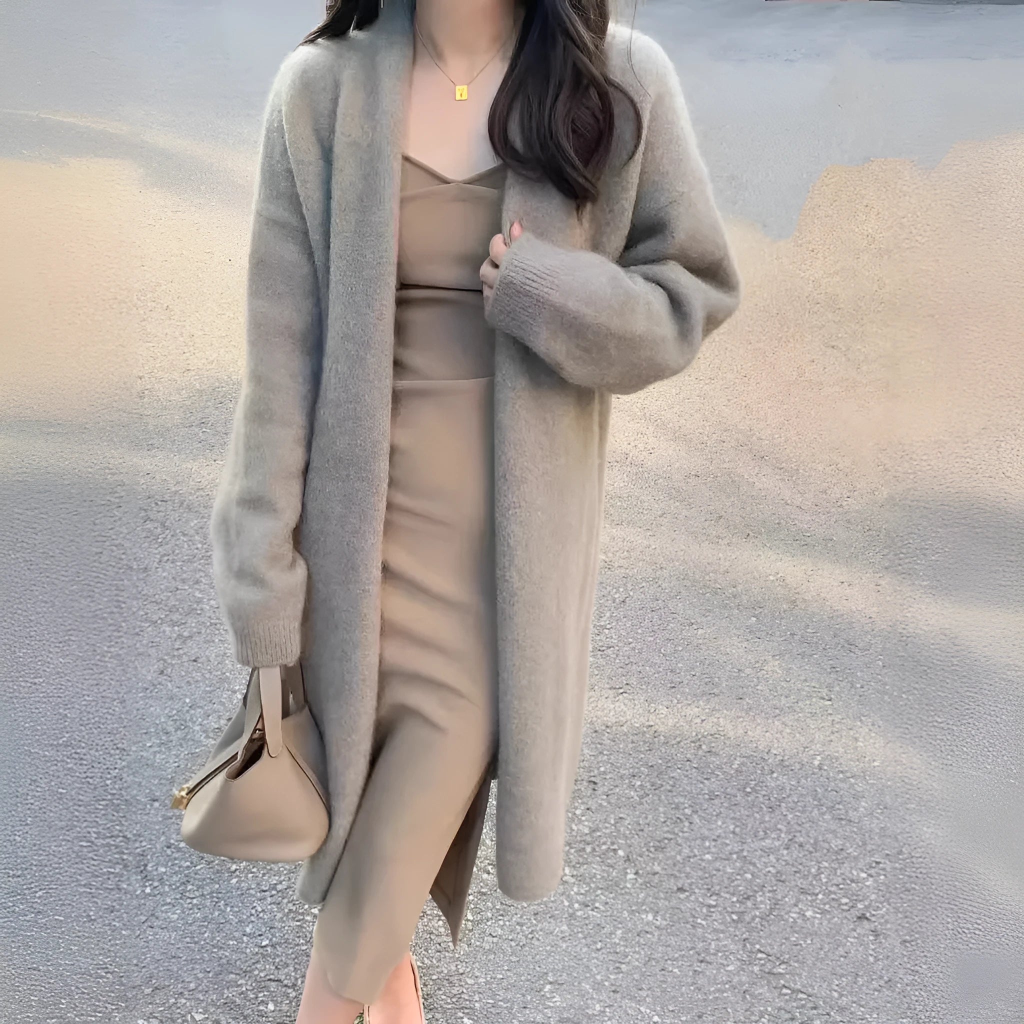 Women's loose fit V-neck knitted cardigan in khaki, mid-length at 65cm with long sleeves.