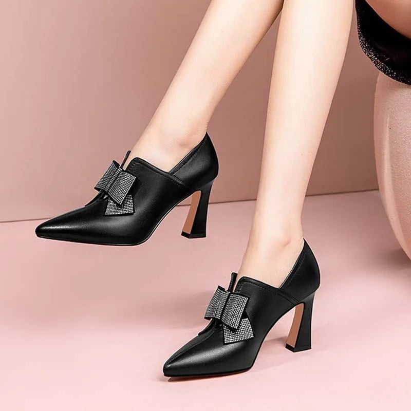 Women's fashion bow boots with rhinestones, chunky heel, pointed toe, black colour, side view