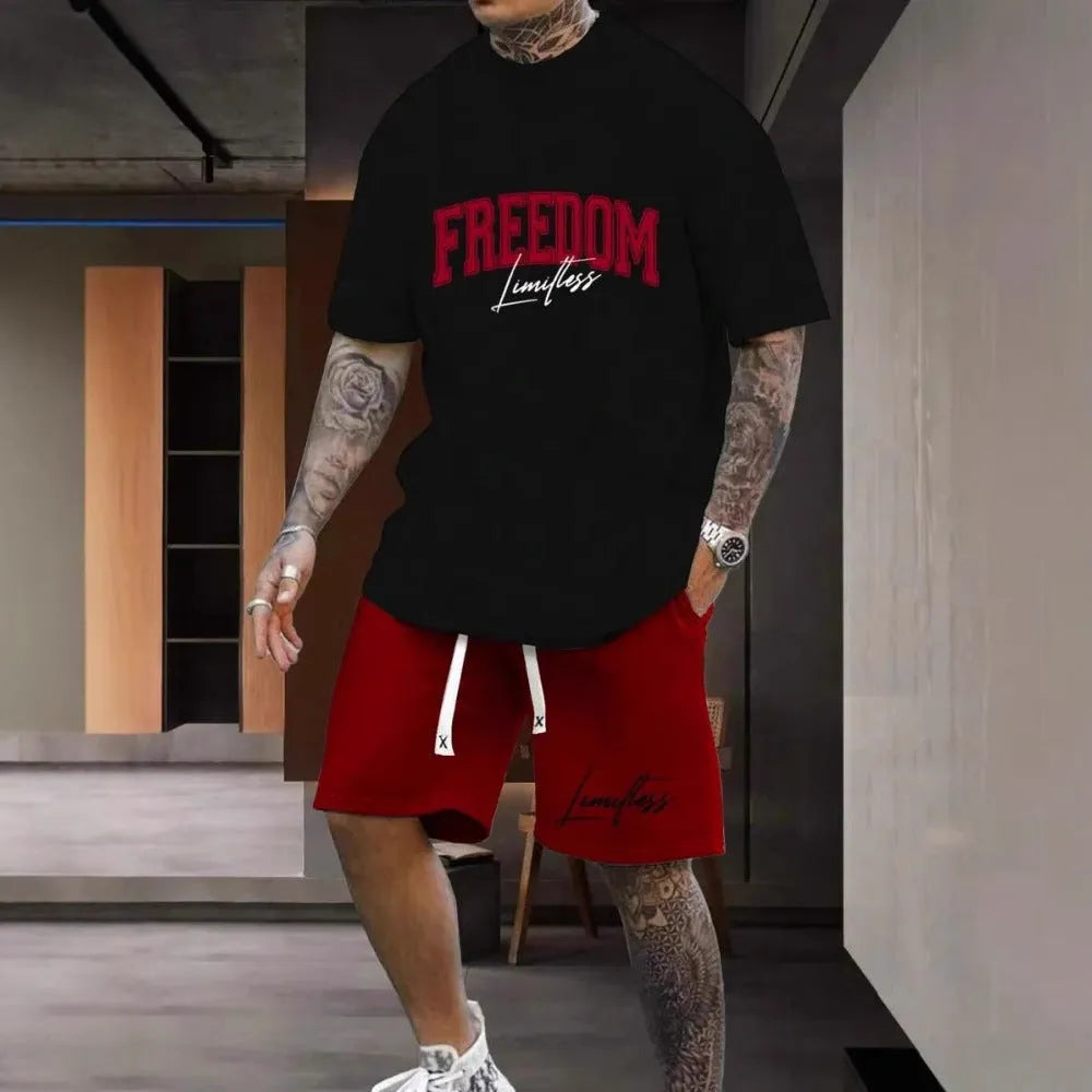 Men's 3D printed polyester suit set with custom letter design, featuring a short sleeve top and matching shorts.