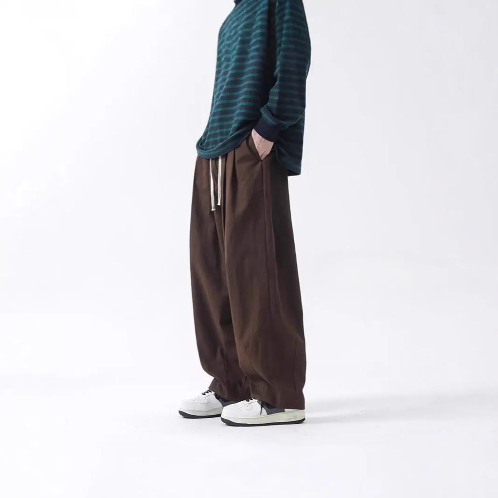 Cotton men's loose wide leg pants in black, straight leg cut with drawstring waist, mid-rise, size M to 8XL