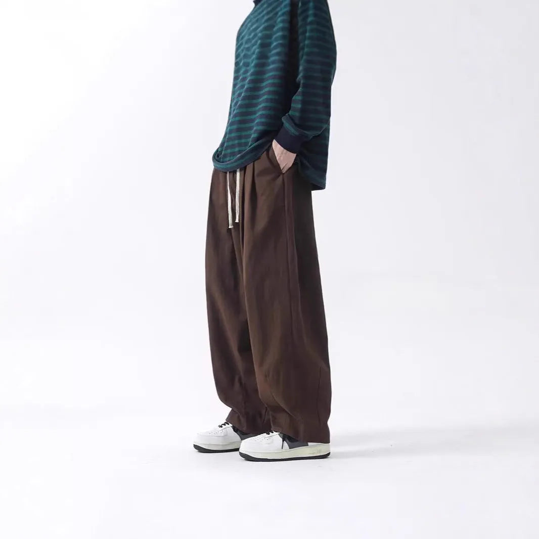 Cotton men's loose wide leg pants in black, straight leg cut with drawstring waist, mid-rise, size M to 8XL