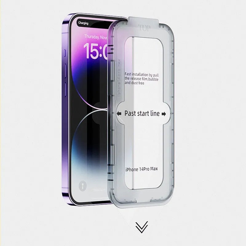 iPhone tempered glass privacy screen protector with application sticker box, showing frosted, peep-proof and clear HD options.