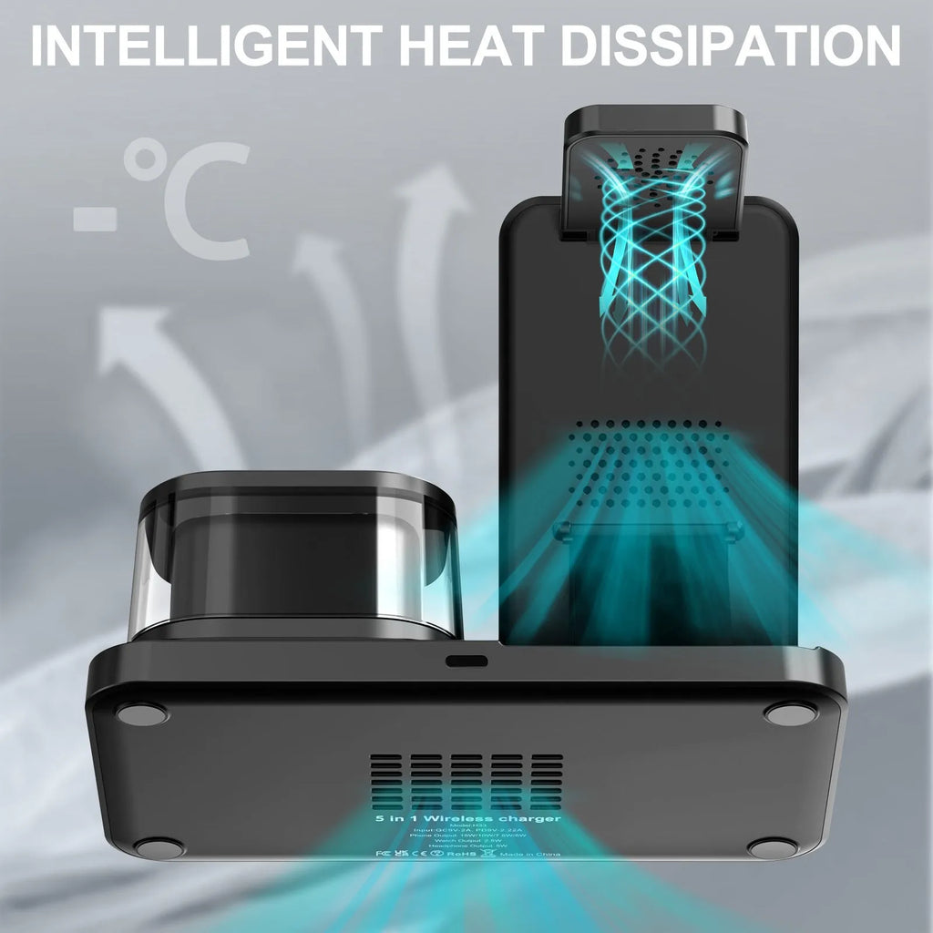 Black foldable wireless charging stand with USB outlet, QC3.0 fast charging and 15W maximum output
