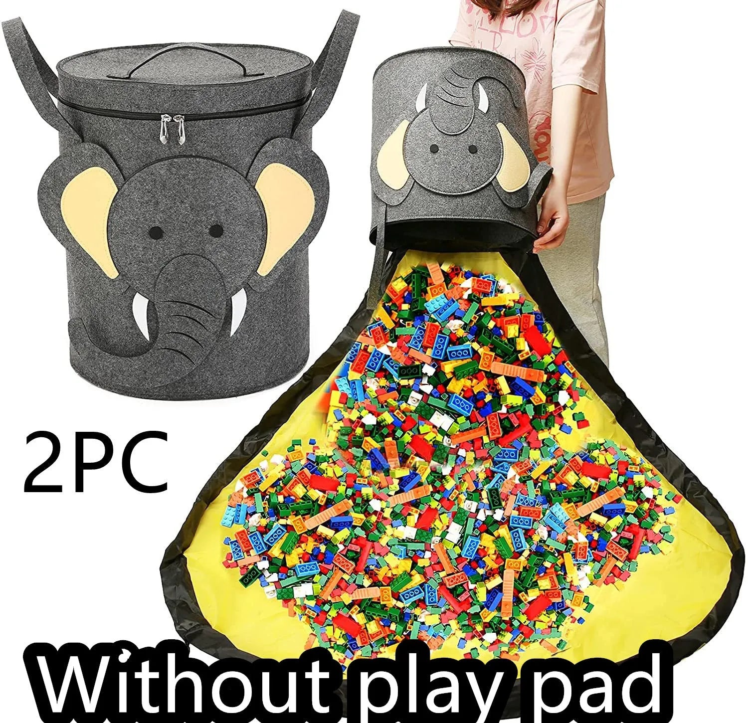 Green foldable felt cube storage bag with pull rope, shown both as a container and laid flat as a play mat.