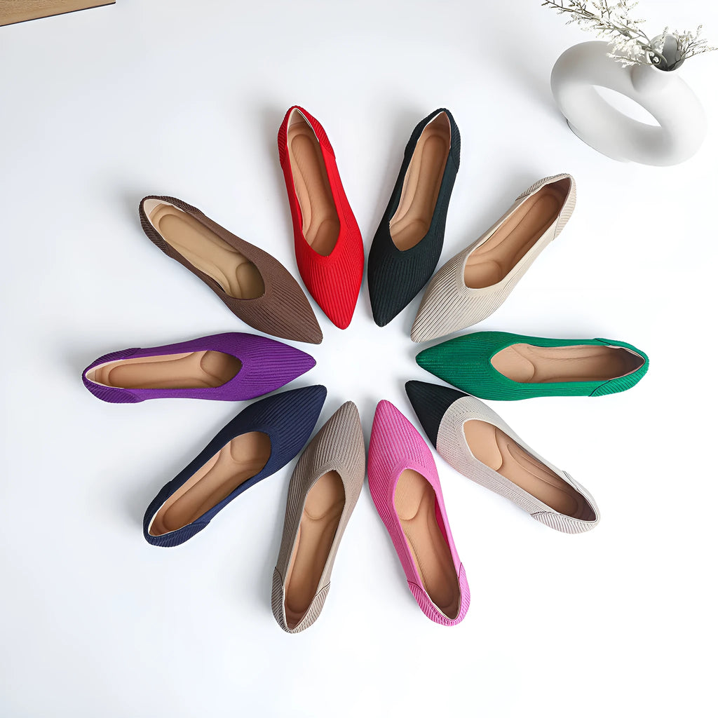 Women's knit flat pumps with pointed toe in microfiber, showing apricot colour option
