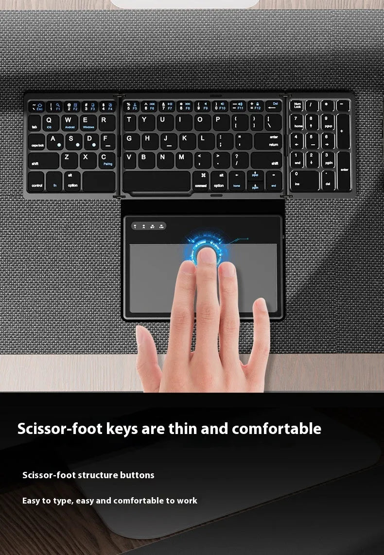Black B055 Bluetooth folding keyboard, business leather style, unfolded and folded dimensions, Type-C interface