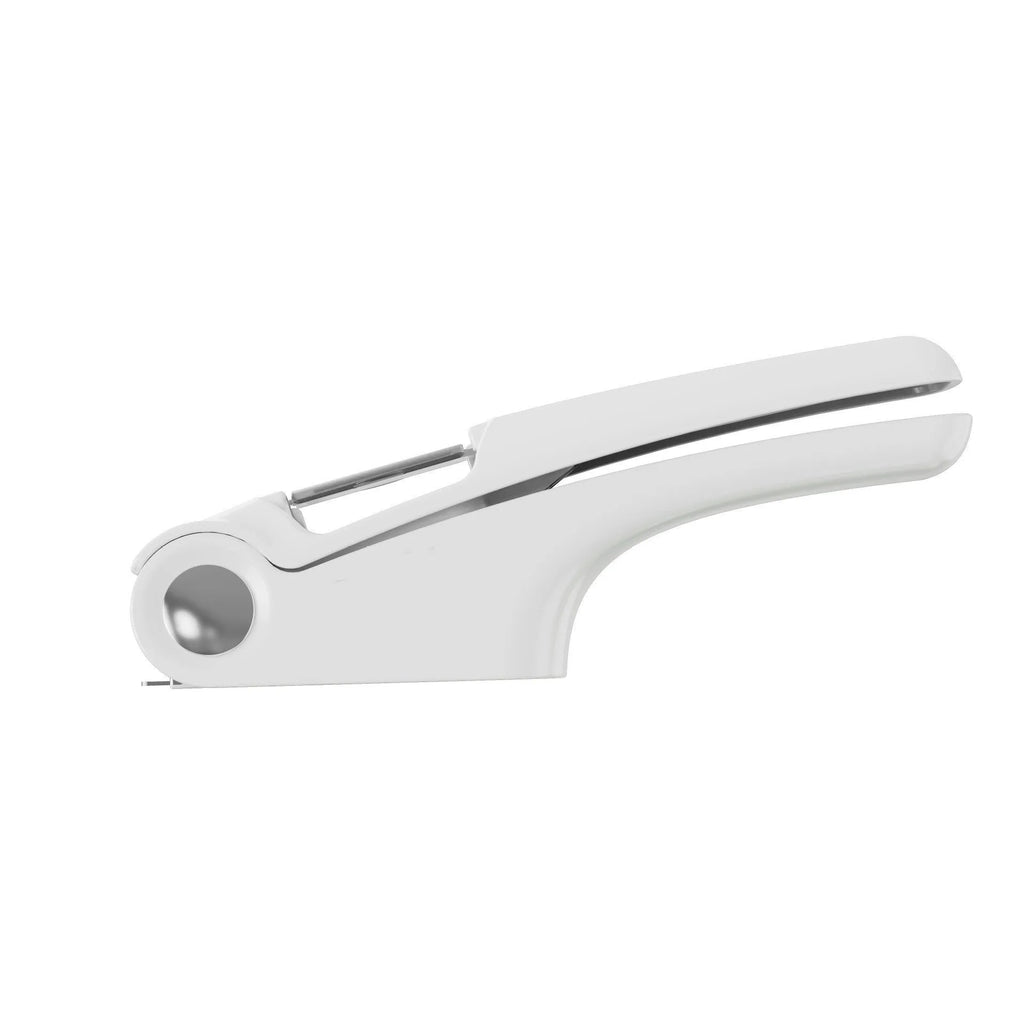 Manual garlic press in white, green, or orange with stainless steel plate and ABS handle.