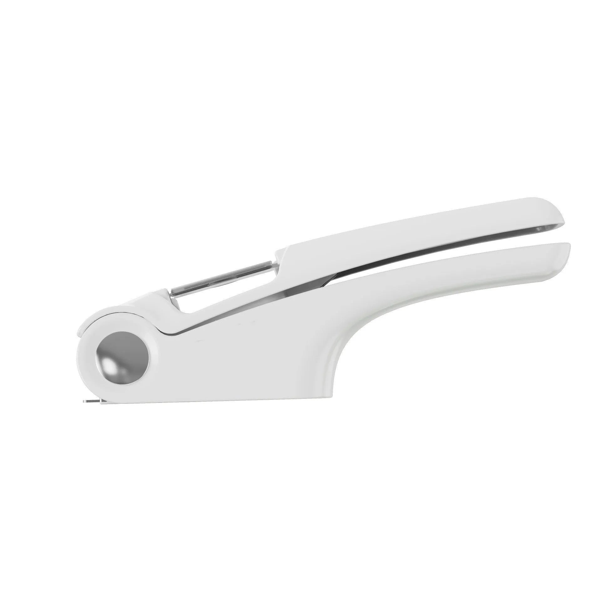Manual garlic press in white, green, or orange with stainless steel plate and ABS handle.