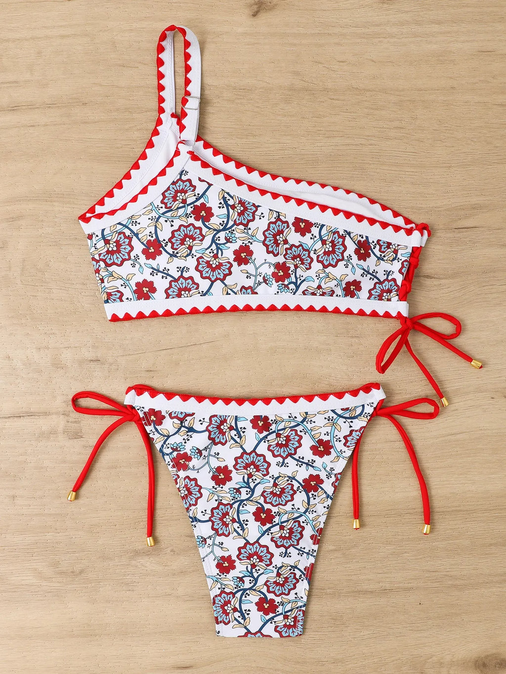 Women's blue and red one-shoulder floral bikini set with briefs-style bottom