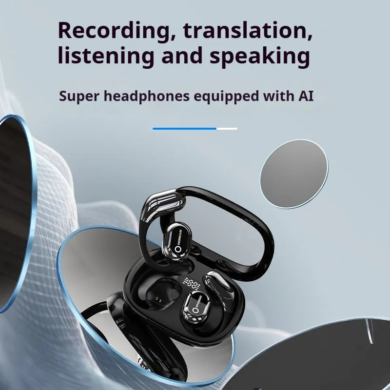 Simultaneous interpretation Bluetooth headset in black with AI translation, noise reduction, ear hook, and charging bin.