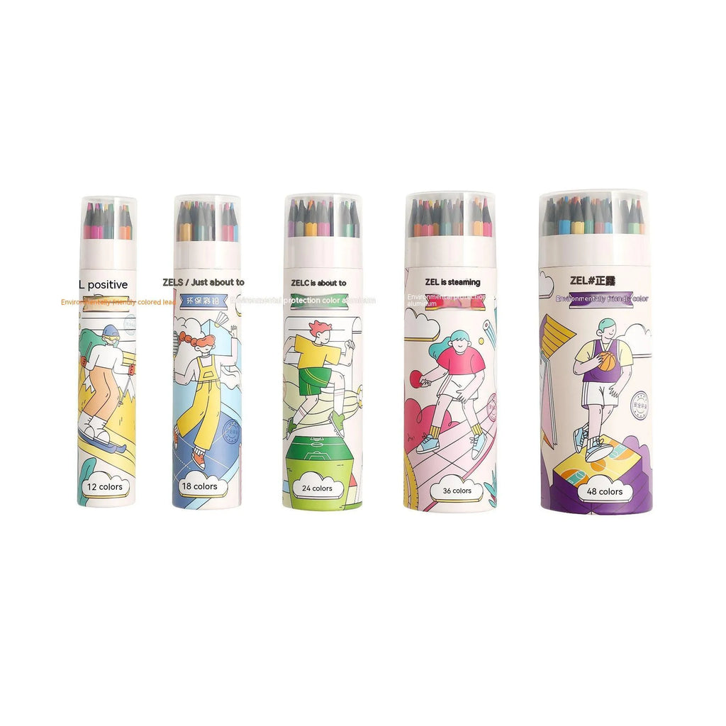Zhenglin Sports Series coloured pencils in sets of 12, 18, 24, 36, and 48 colours with paper barrels.