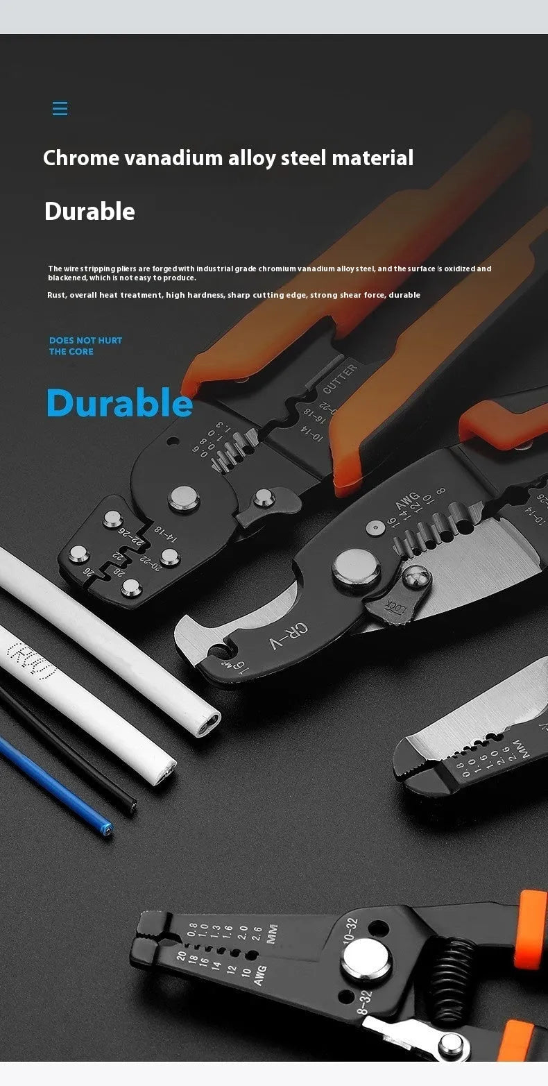 Fully automatic wire stripping pliers tool with a high carbon steel blade on a white background.