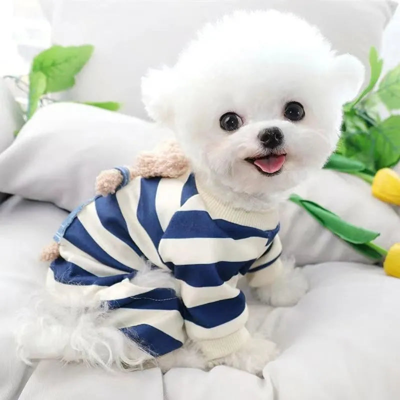Cute bear striped four-legged dog pyjamas in blue for small to medium pets