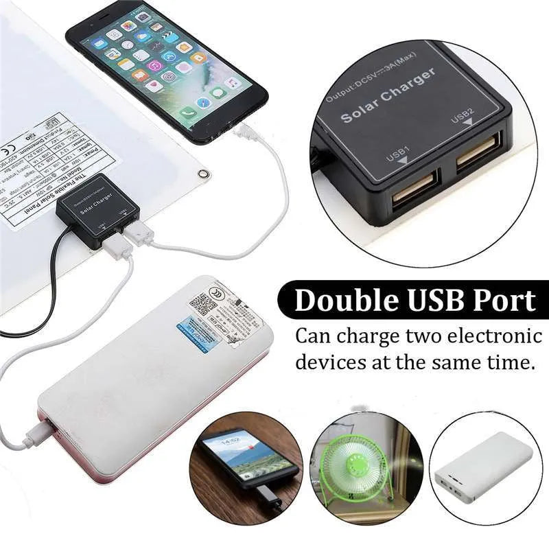 Polysilicon solar charging panel with dual USB ports for outdoor use.