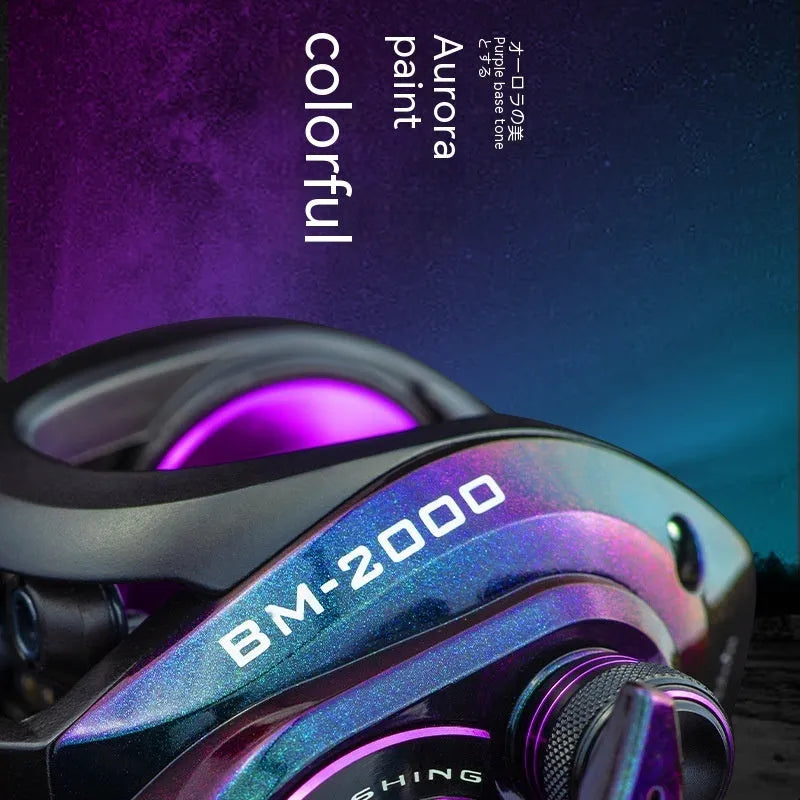 Colourful BM2000 fishing reel showing left-handed model with magnetic brake and water drop spool.