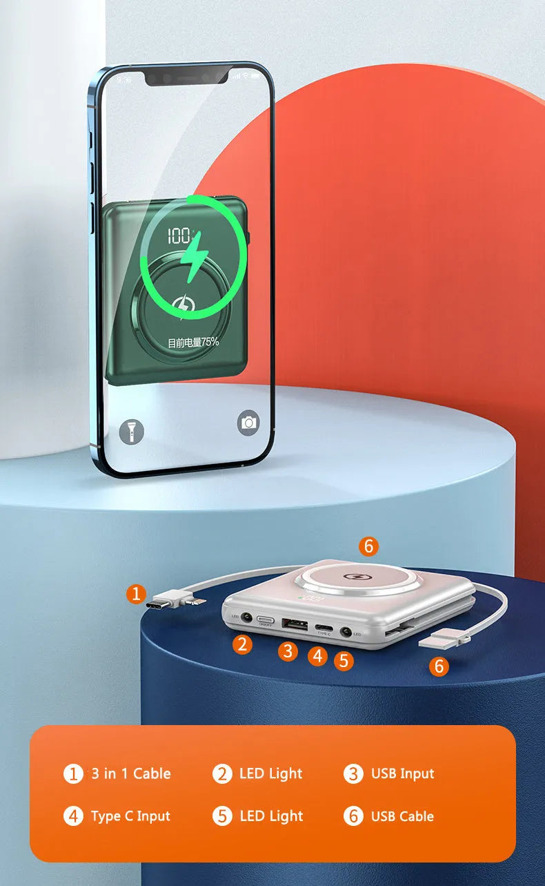 20000mAh PD fast charge power bank in black, green, or red with LCD display, compact 84mm design