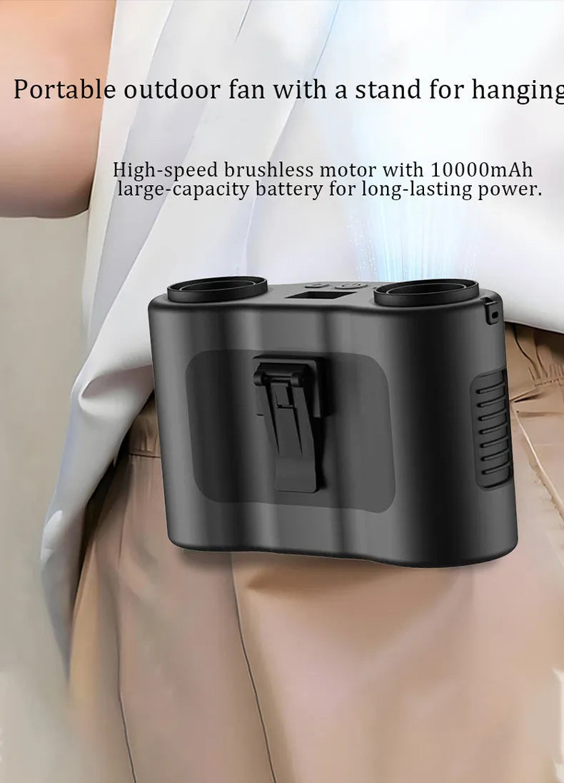 A black portable waist-hung personal fan with a lanyard, shown in hand and worn on the waist.
