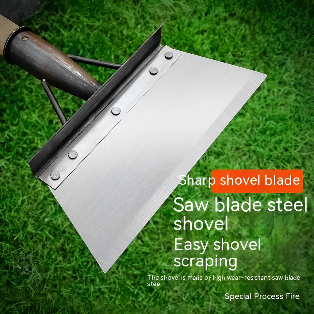 Manganese steel cleaning shovel with a long handle, shown in a garden setting.