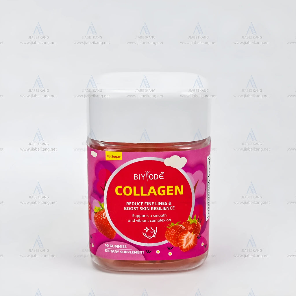 Bottle of strawberry-flavoured biotin vitamin collagen gummies for hair skin and nails health