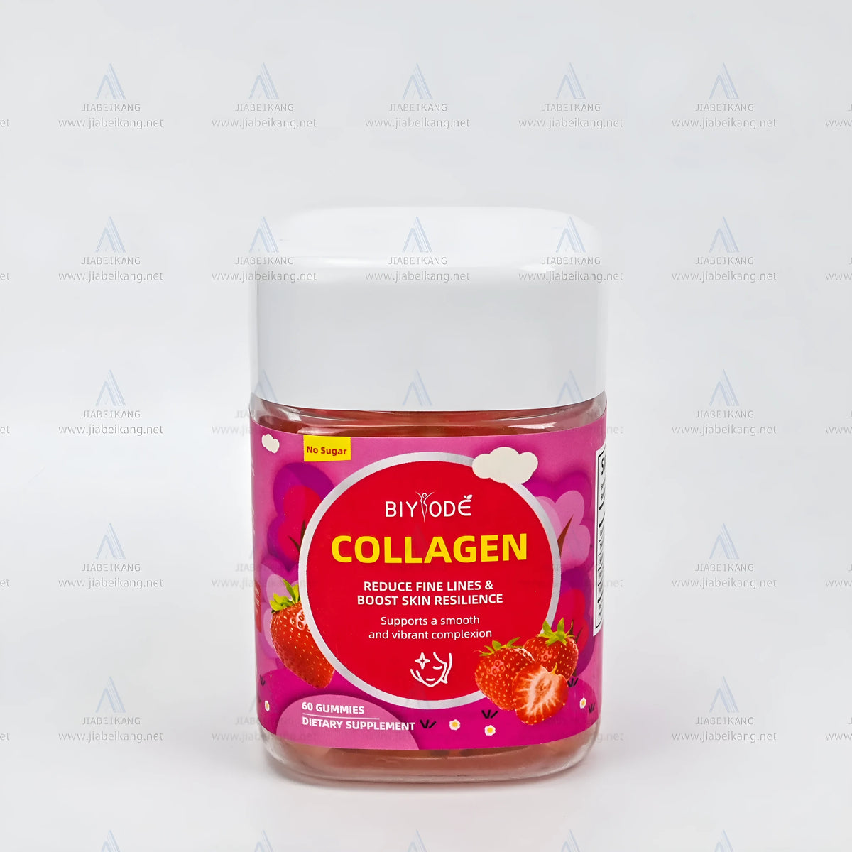 Bottle of strawberry-flavoured biotin vitamin collagen gummies for hair skin and nails health