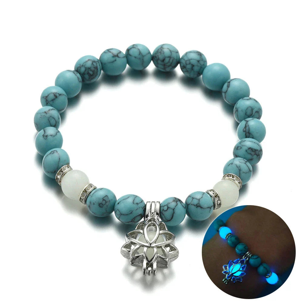 Luminous lotus charm bracelet with mesmerizing glow-in-the-dark beads, made of premium alloy and turquoise fluorescent stone