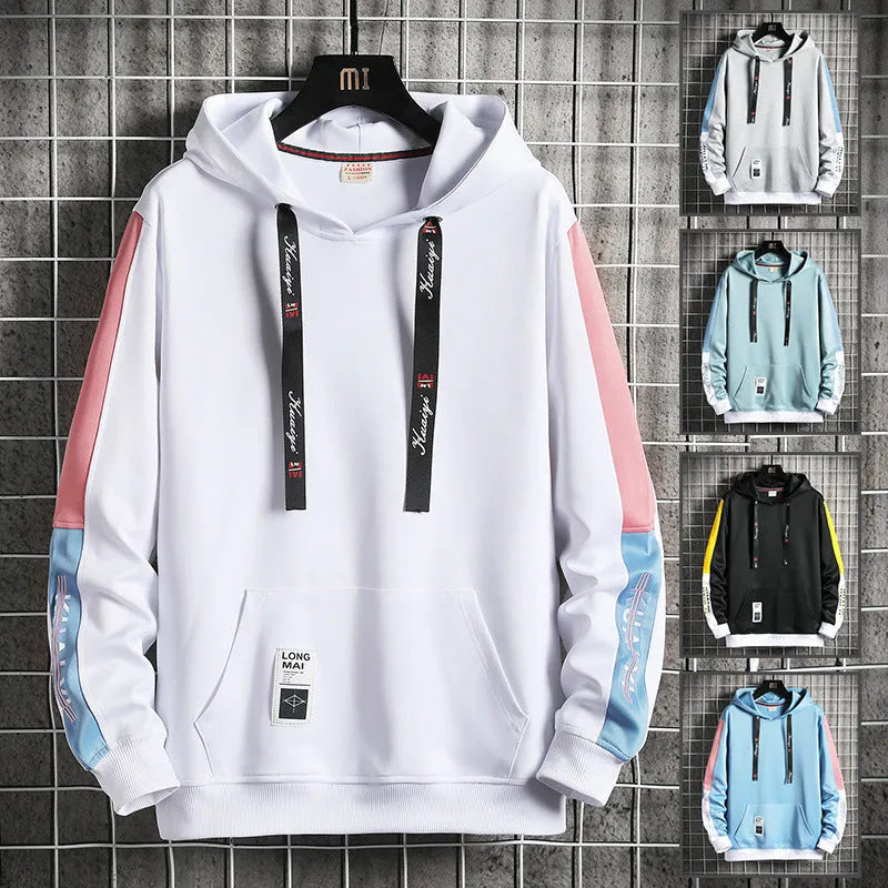 Men's casual printed loose long sleeve hooded top in polyester, letter pattern, sizes M-4XL
