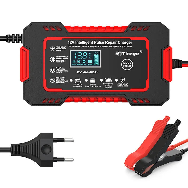 12V intelligent pulse repair battery charger with reverse connection protection and screen display for lead-acid batteries