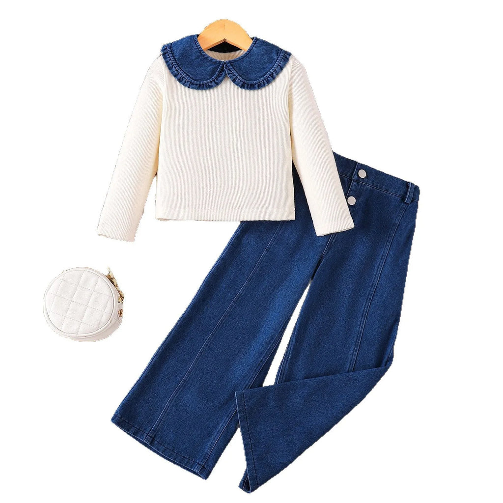 Beige children's three-piece set with slim-fit pants, long sleeve coat, and shawl on a plain background