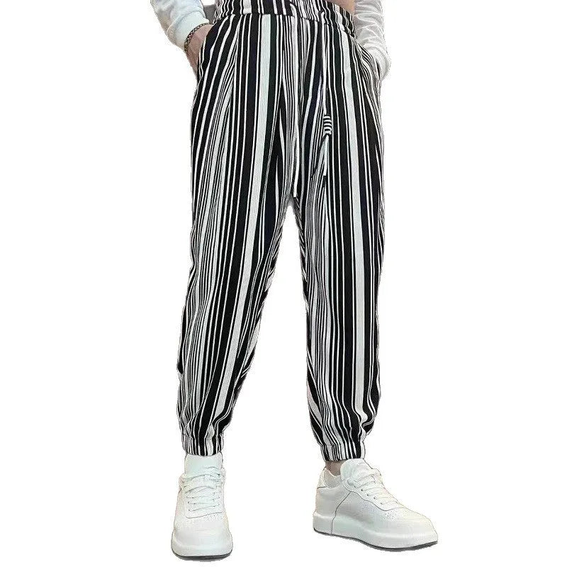Men's striped casual trousers with ankle tie fastening in cropped ice silk design