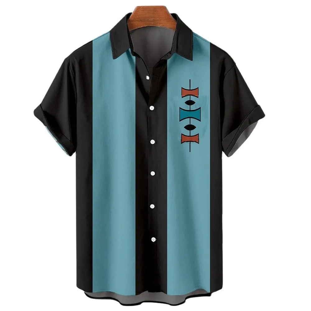 Men's striped Hawaiian casual short sleeve shirt in polyester fabric on a hanger