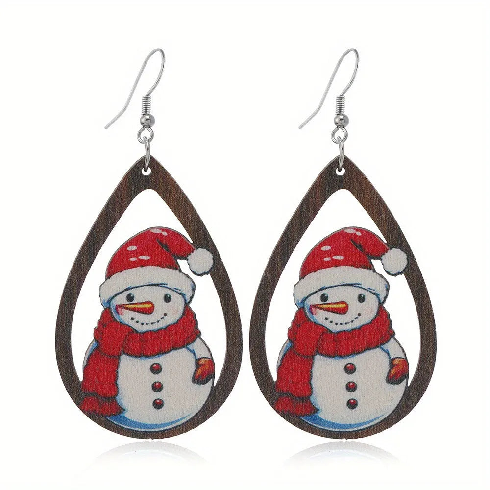 Wooden Christmas earrings showing Christmas tree and water drop snowman designs with geometric shapes