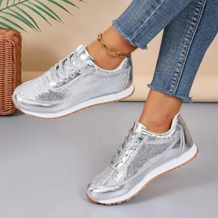 Women's thick-soled casual sneakers in PU leather with square toe design in black, champagne, and silver colours