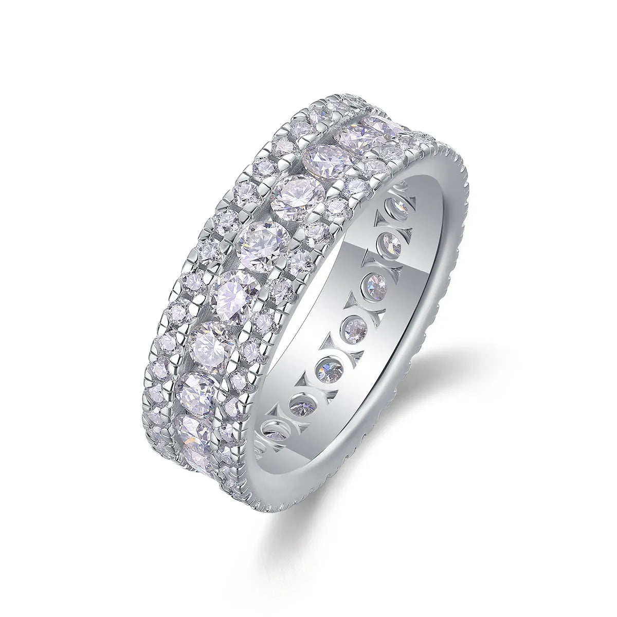 Moissanite wedding ring set in S925 silver with platinum plating, stone under 0.1 carat, sizes 5 to 9, gift box