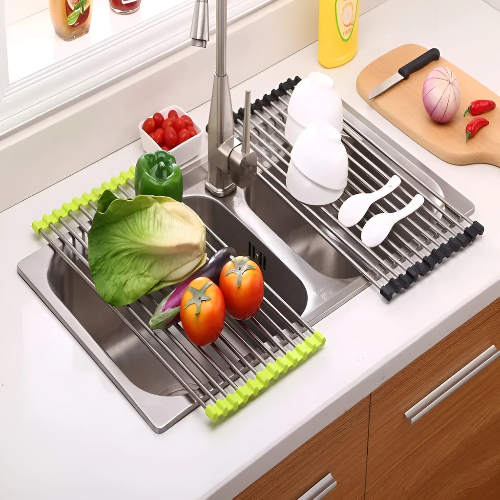 Folding stainless steel and PP kitchen sink drying rack shown in red, collapsed and open.