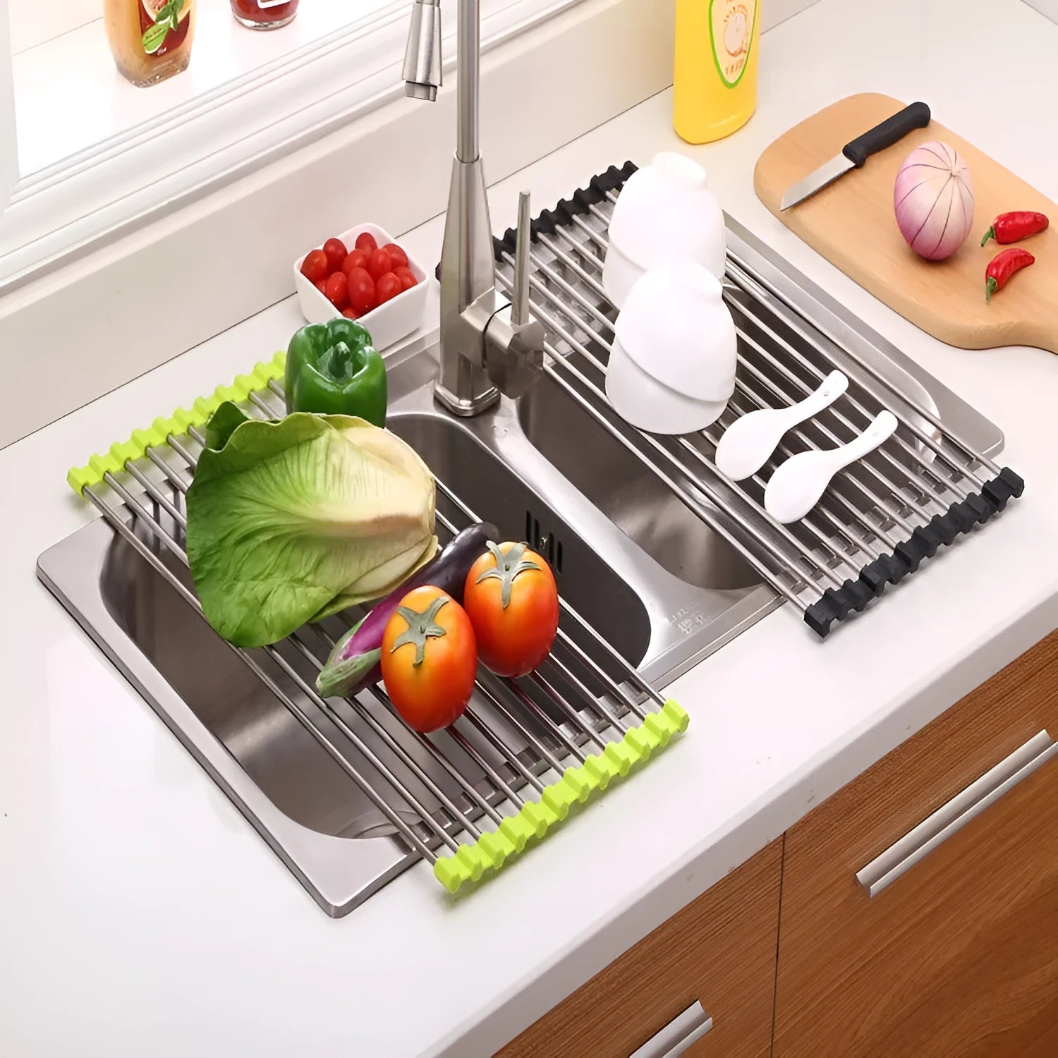 Folding stainless steel and PP kitchen sink drying rack shown in red, collapsed and open.
