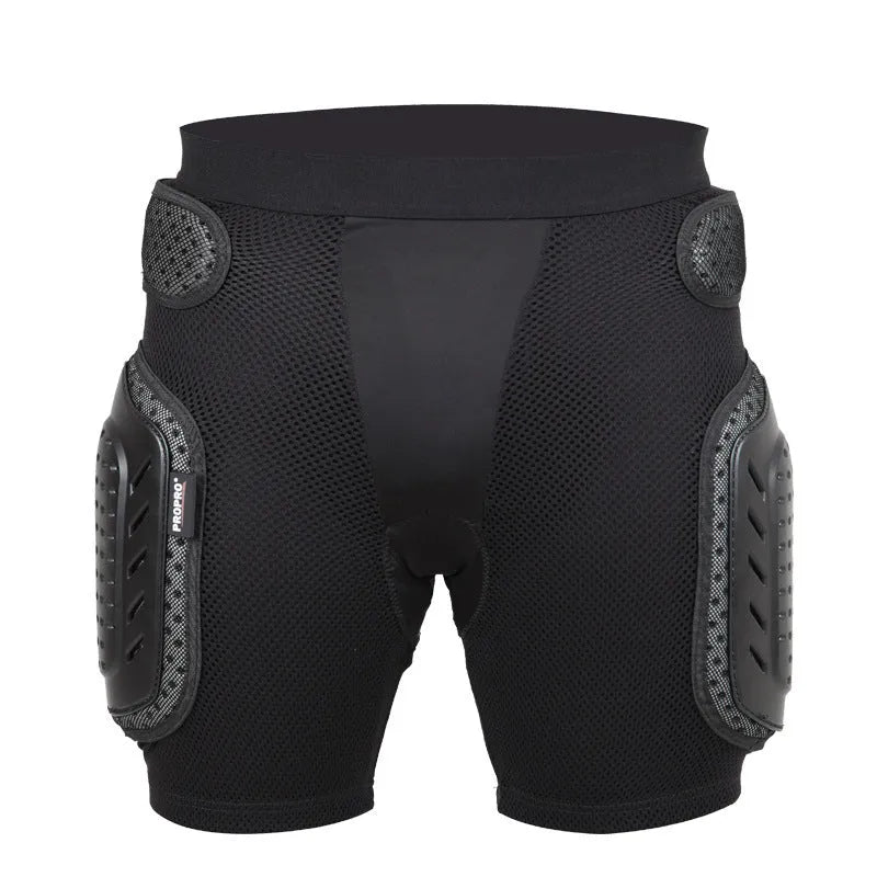Black cycling hip protection pants with padding around the hip area, shown in sports context