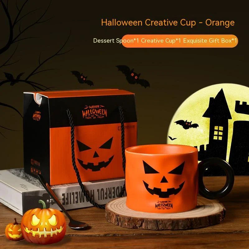 Festive Halloween pumpkin-shaped ceramic mugs in orange and white colors